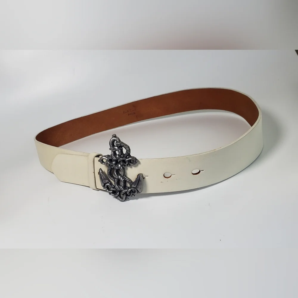Paul Smith Off White Leather Belt with Anchor Buckle